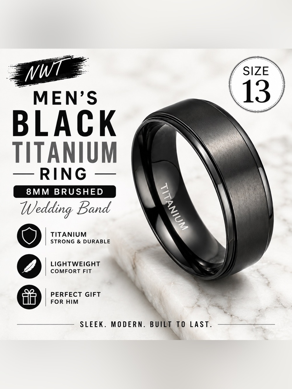 NWT Men’s Black Titanium 8mm Brushed Wedding Band Ring Size 13